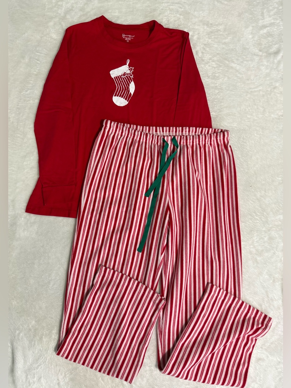 PajamaGram Women’s Christmas Stocking & Candy Cane Stripe Pajama Set Red Medium